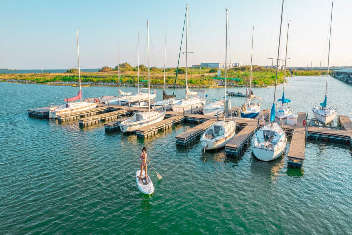 A woman on a paddleboard gliding on water.