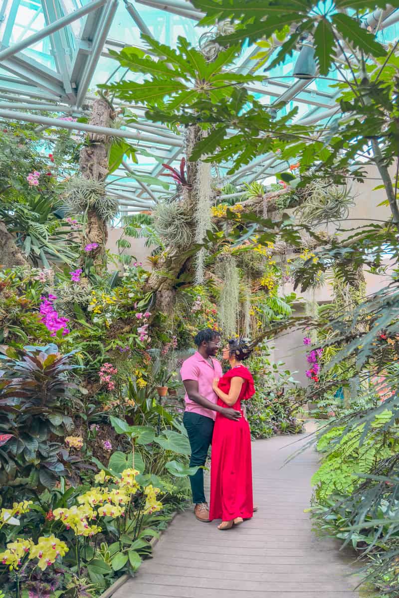 Happy couple posing for photos in a Botanical Gardens.