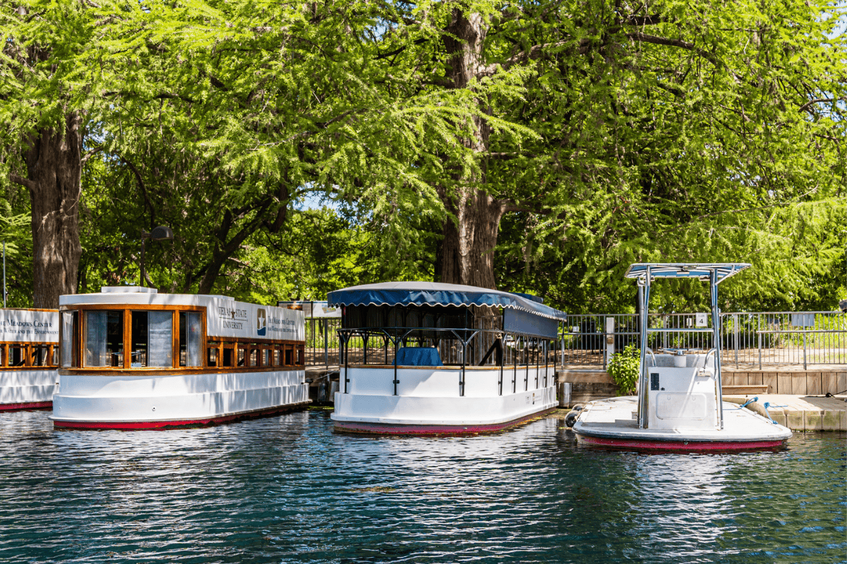 Several boats lined up at a park dock.