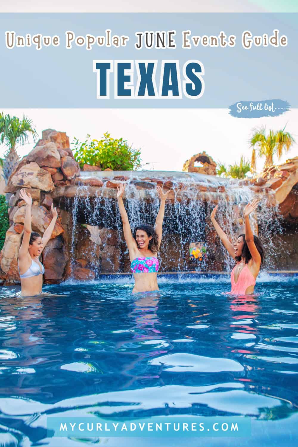 women in swimsuits enjoying a pool with a rock waterfall backdrop