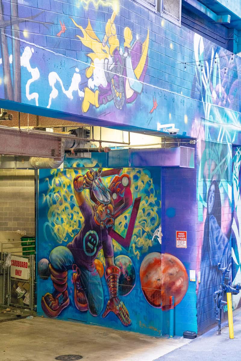 Colorful mural on garage wall, featuring vibrant street art.