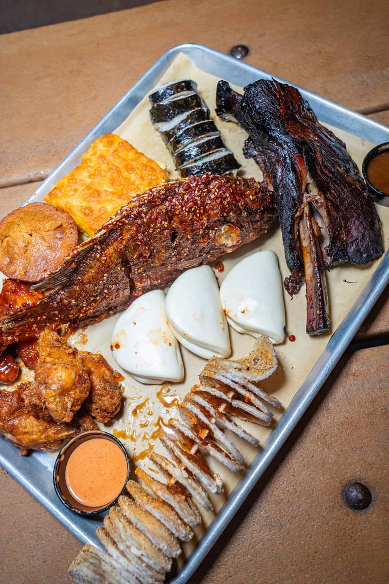 a tray of meat on a table