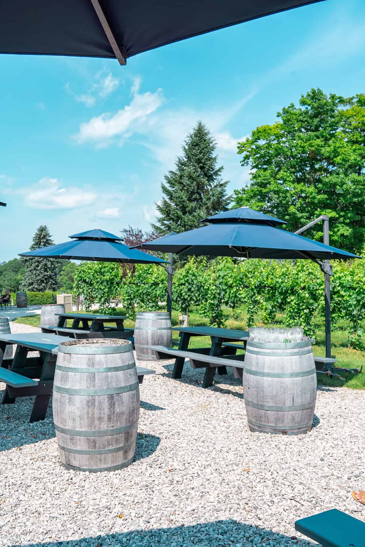 Outdoor seating with umbrellas, benches, and wine barrels on a gravel surface.