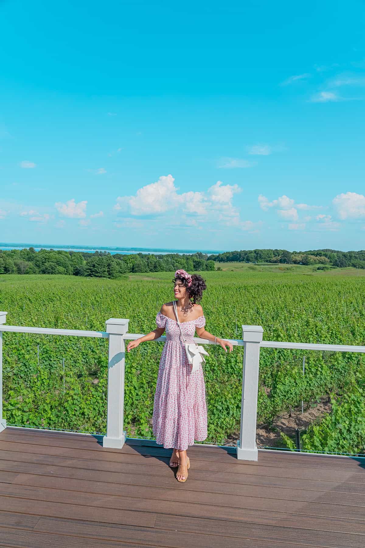 A woman in a dress stands on a wooden deck