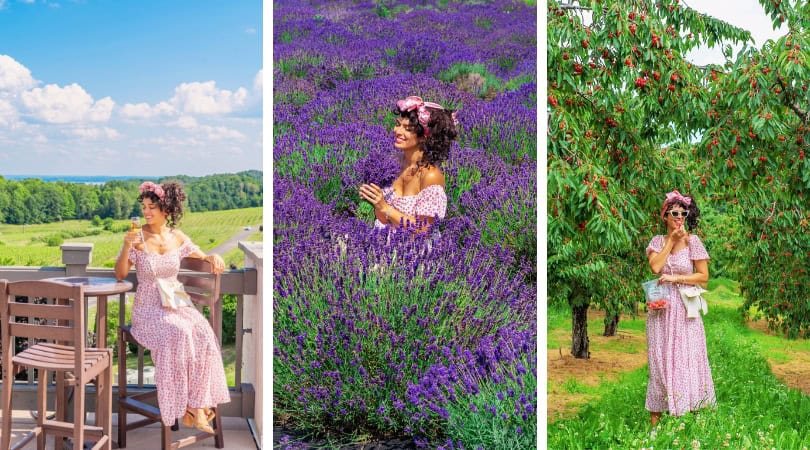 A woman in a pink dress at three different locations: a balcony, lavender field, and cherry orchard.