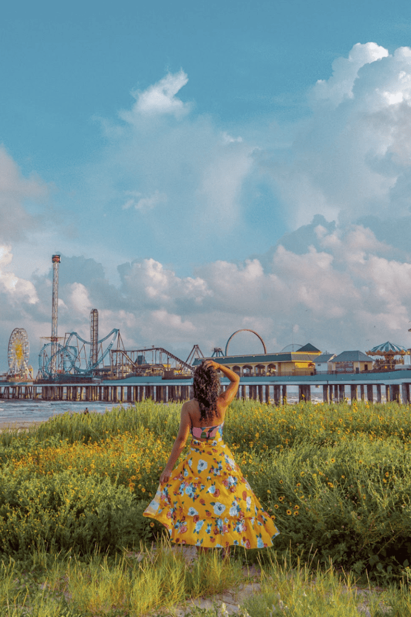 Woman in floral dress looking at an amusement park across a field of wildflowers under a blue sky.