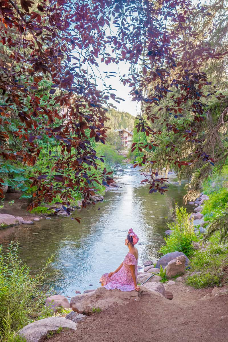 Woman in pink dress by a stream framed by red leaves