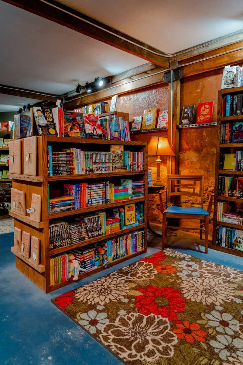 Cozy bookstore corner with bookshelves full of colorful books, a chair, and a floral rug.