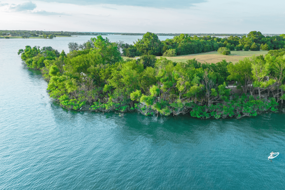 Aerial view of a lush green peninsula