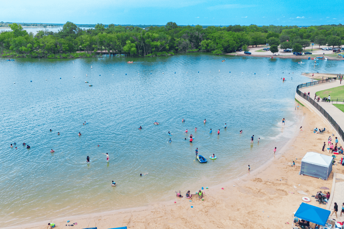 Aerial view of a bustling beach