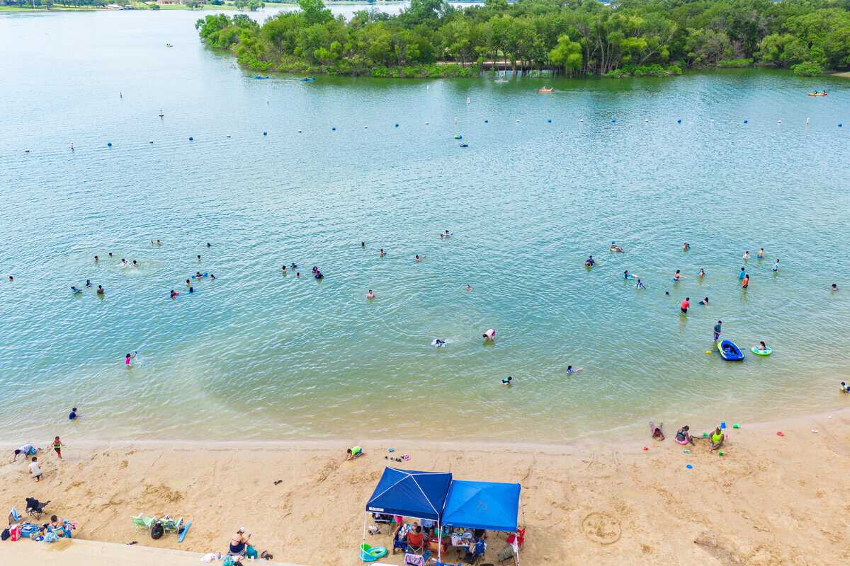 Aerial view of a busy beach