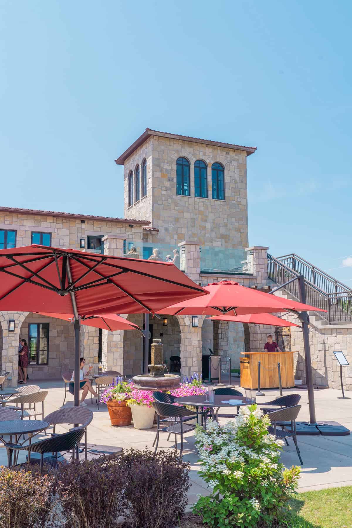 Outdoor café with red umbrellas