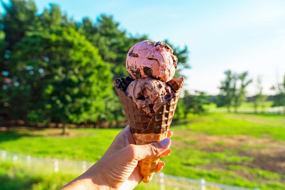 A hand holding a chocolate ice cream cone outdoors.