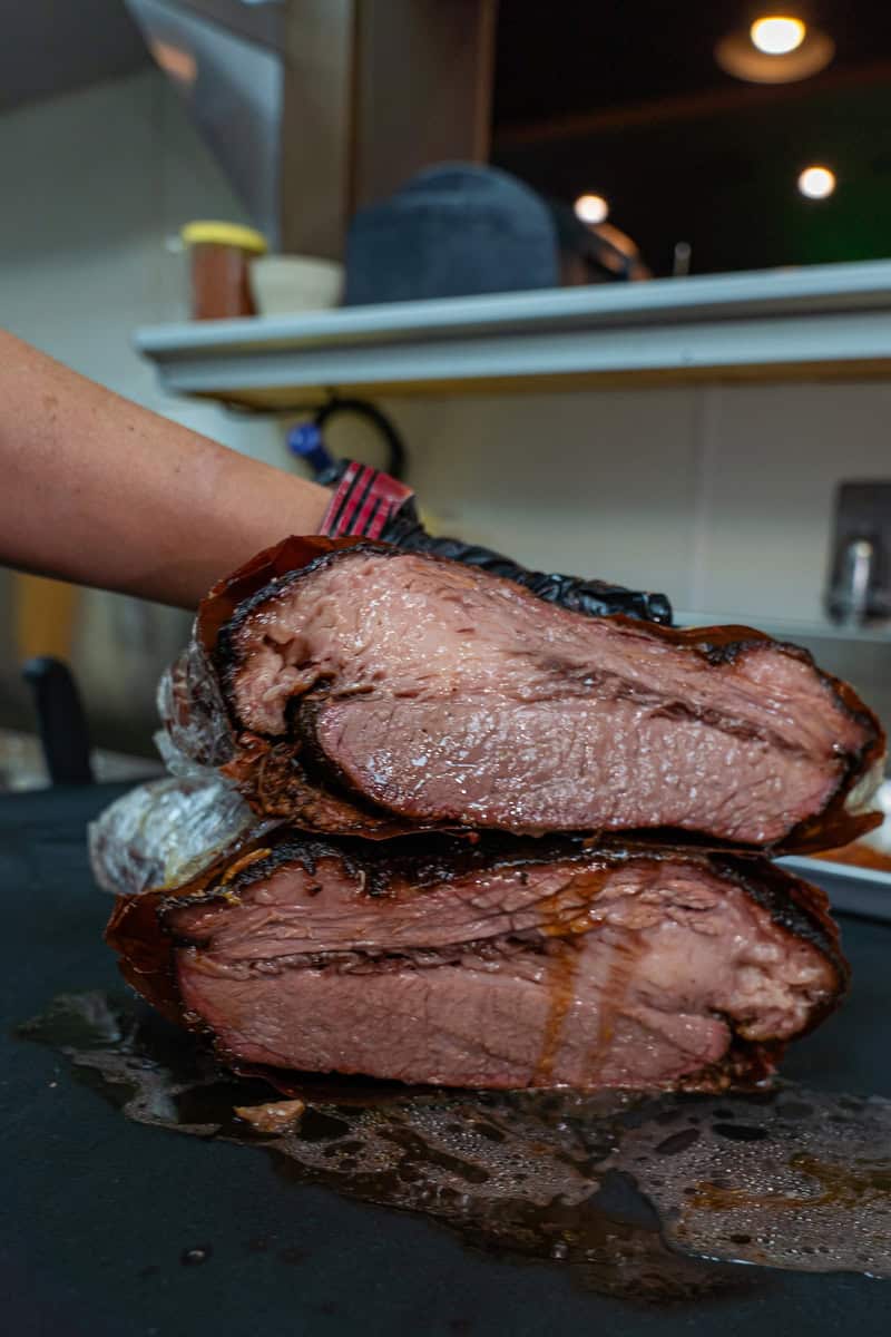 A stacked slices of juicy brisket