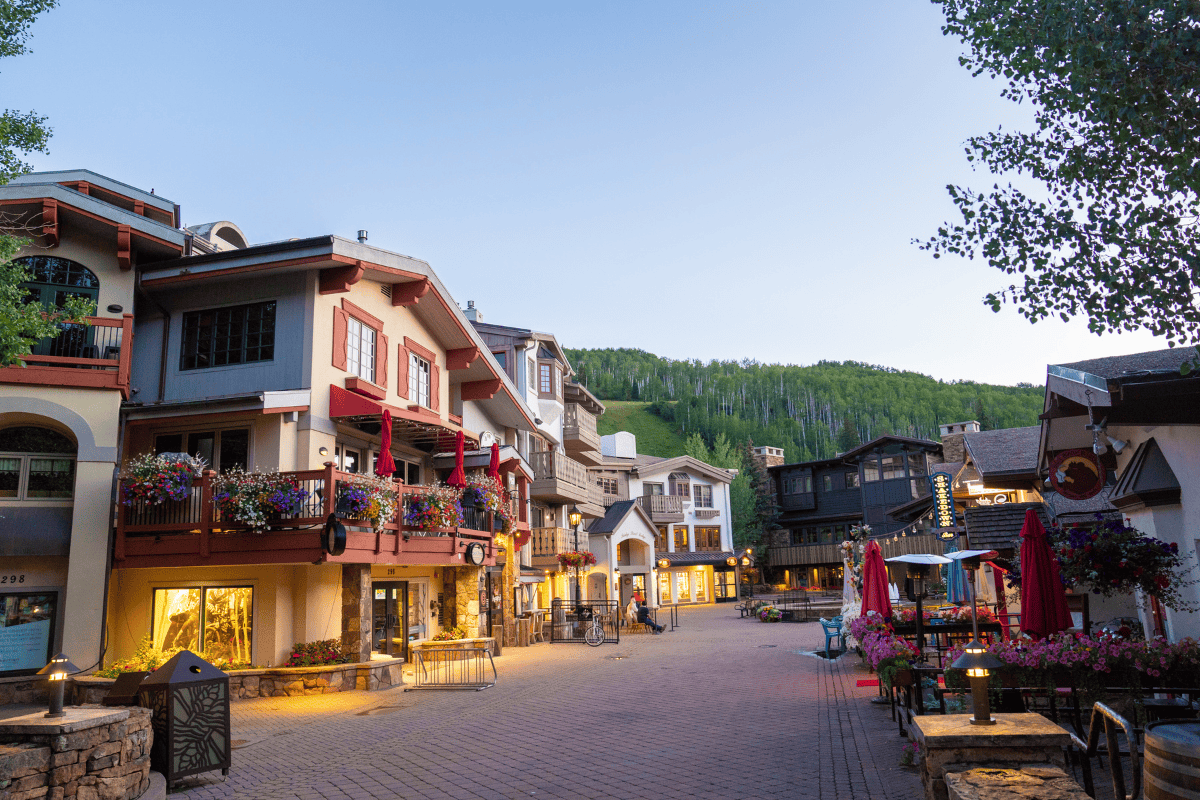 Twilight over a charming, European-style mountain village