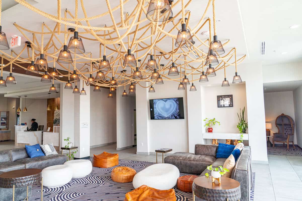 Modern lounge with unique rope chandeliers