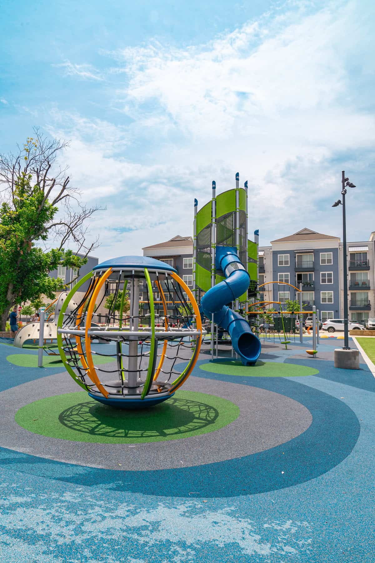 Colorful playground with climbing structures