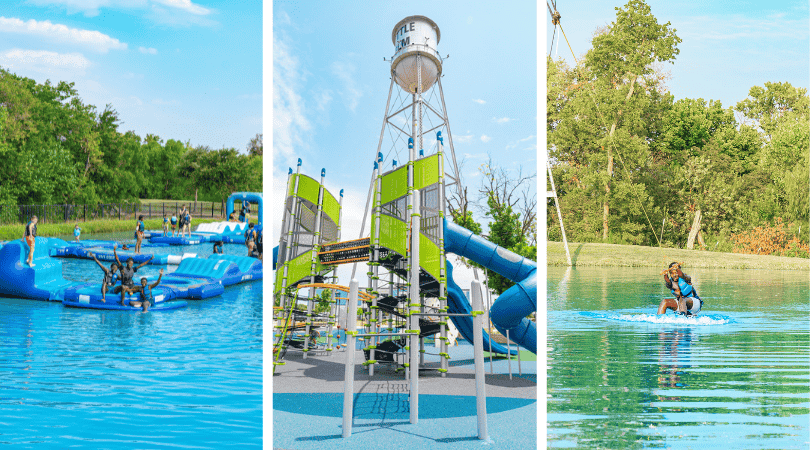 Three-panel image featuring a water park, slides, and a person kayaking