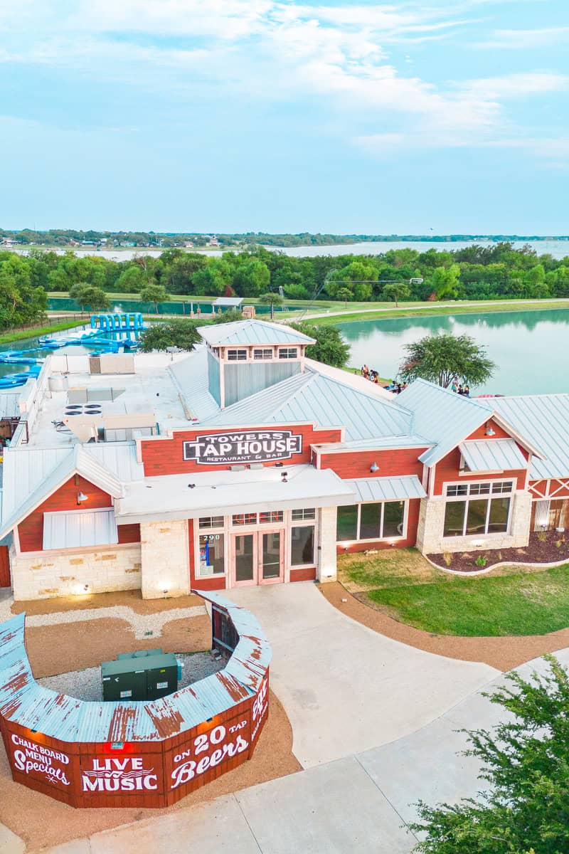 Aerial view of a lakeside Tap House