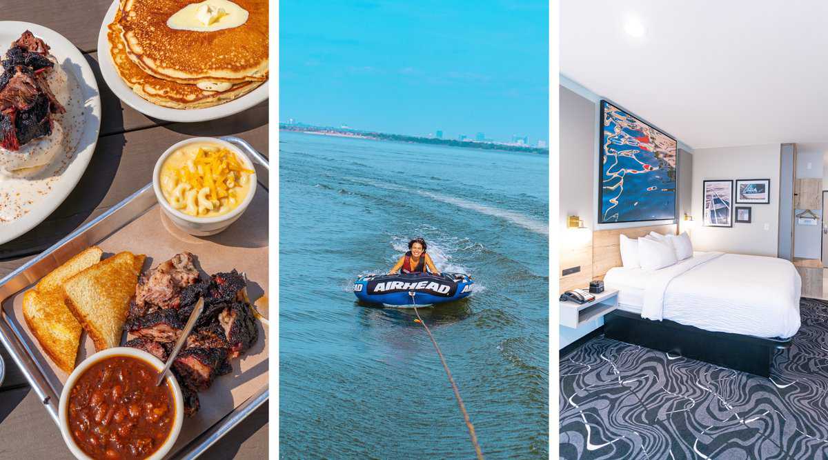 A triptych of food, a person and a neat room.