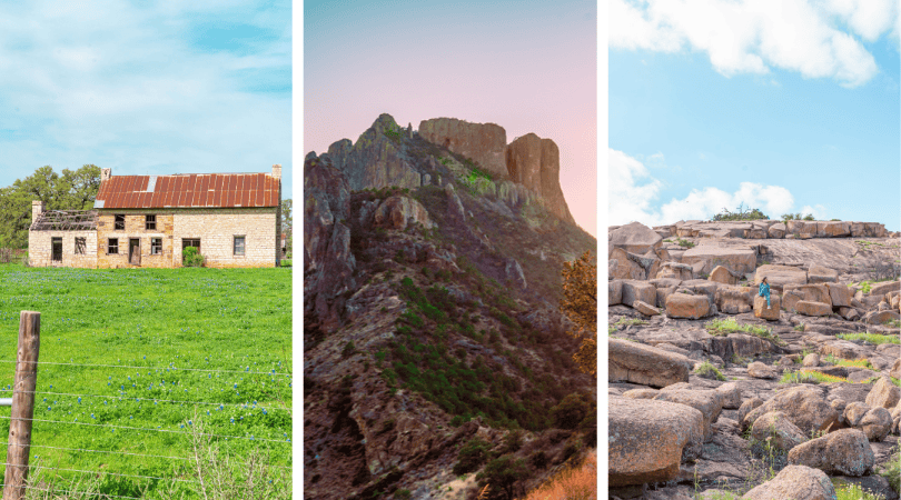 an old house, a rugged cliff, and a person on a rocky hill