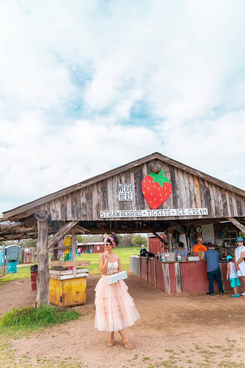 A woman in a tutu poses cheerfully in front of a vibrant strawberry stand, 