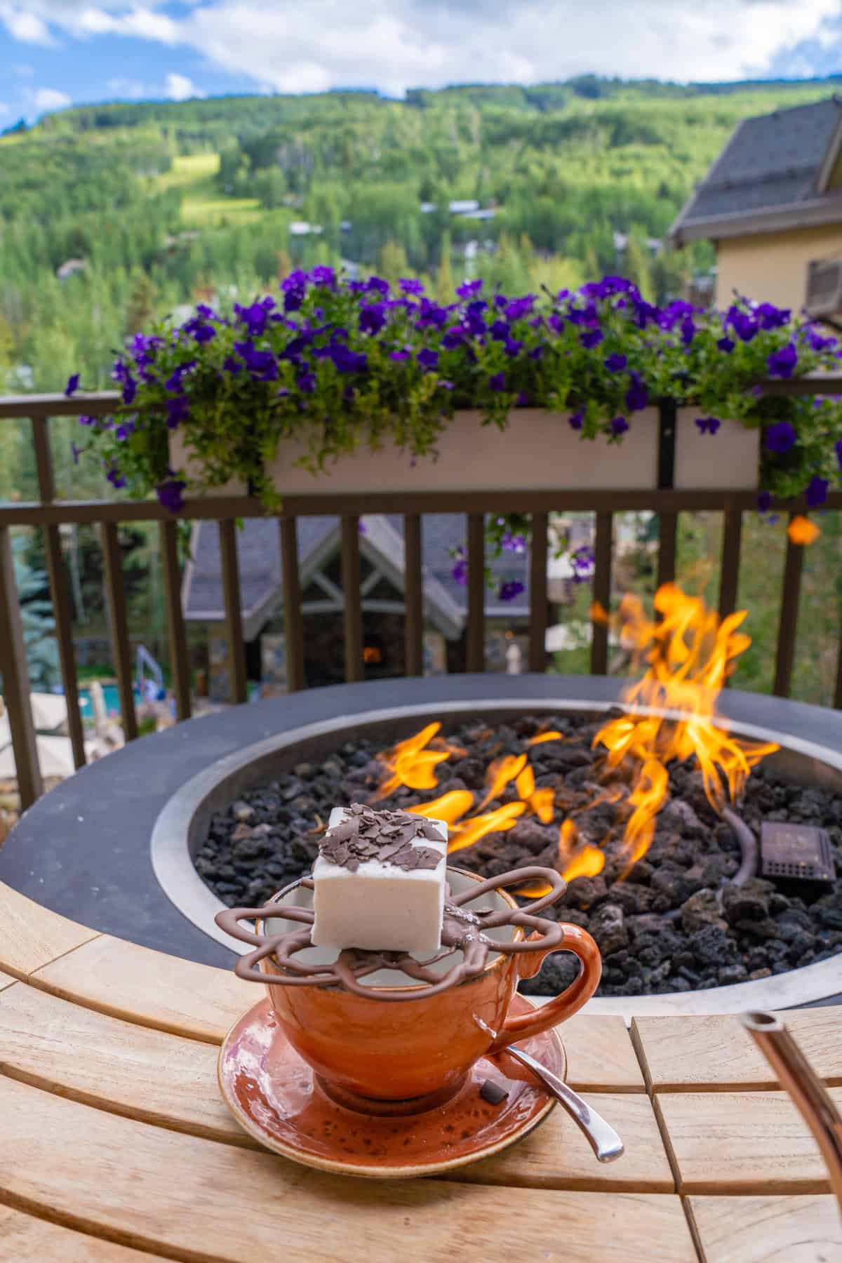 A marshmallow on a chocolate-drizzled mug by a fire pit