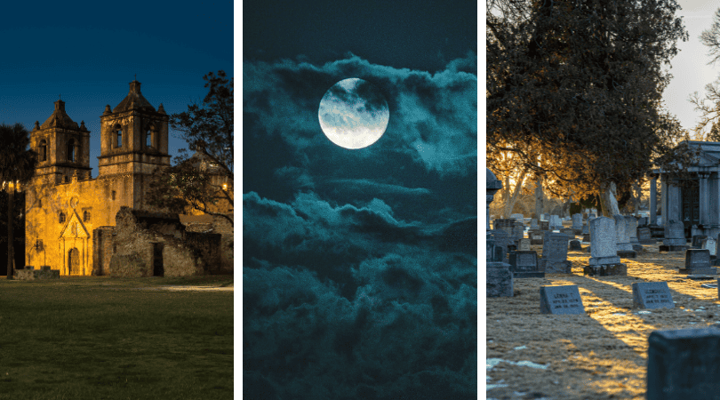 Triptych of night scenes: illuminated church, moon, and a graveyard