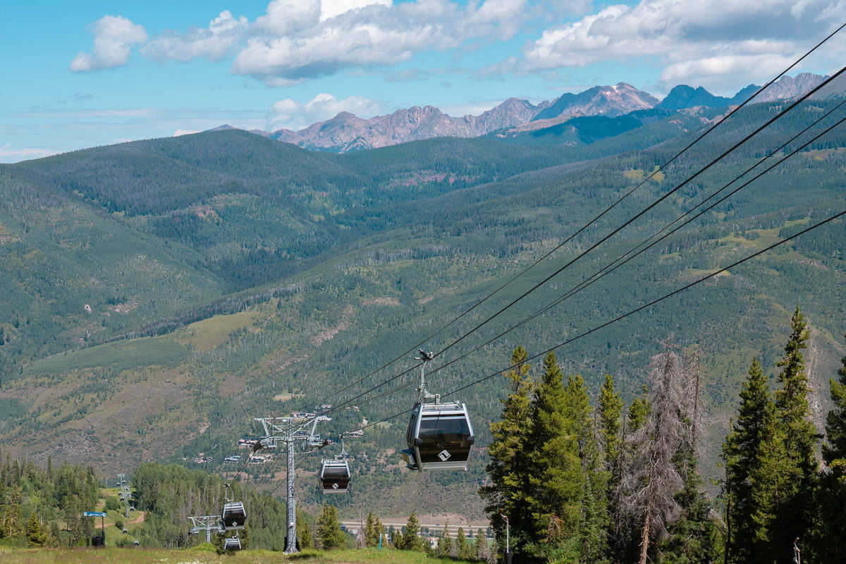 Gondola cable cars over a mountainous forest landscape.