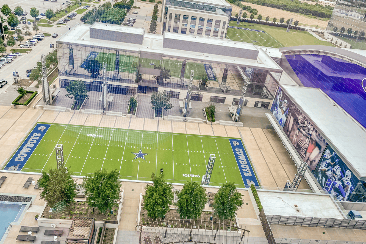 Aerial view of Dallas Cowboys' practice field and facility.