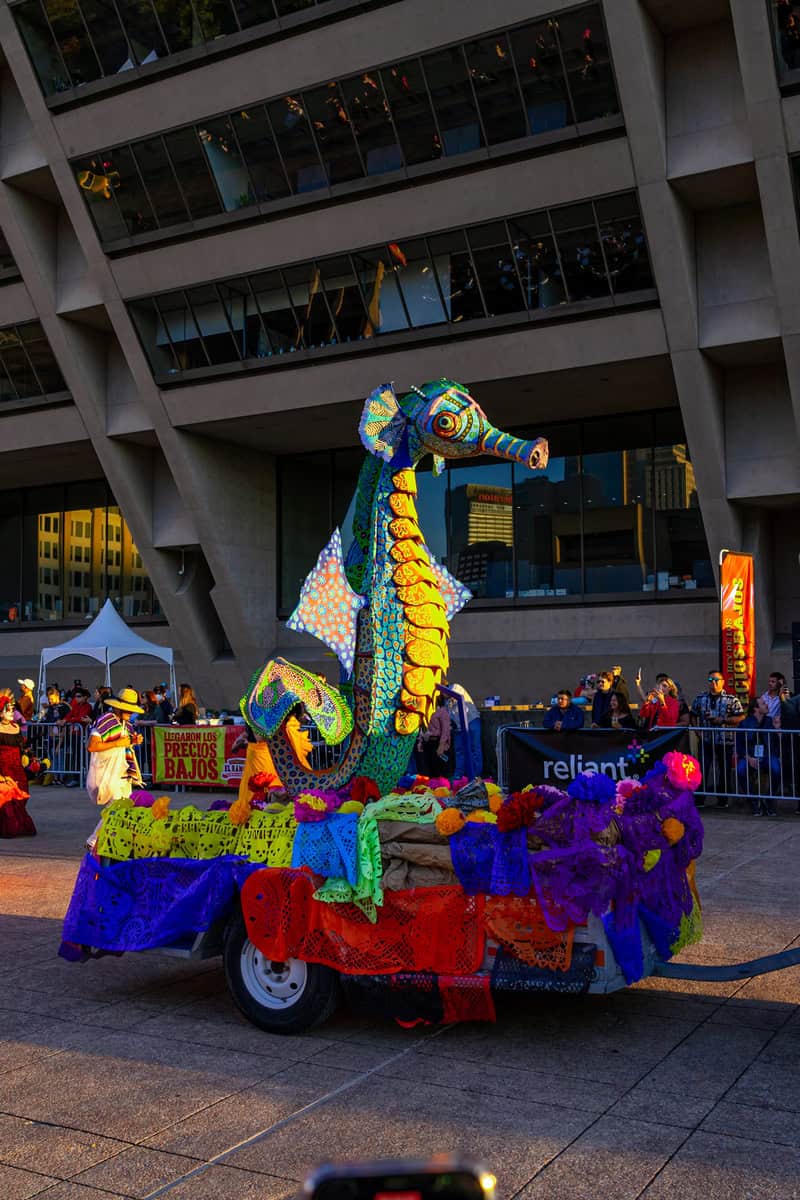 Colorful seahorse float in a parade