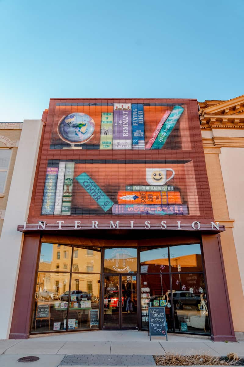 Book-themed mural on a building