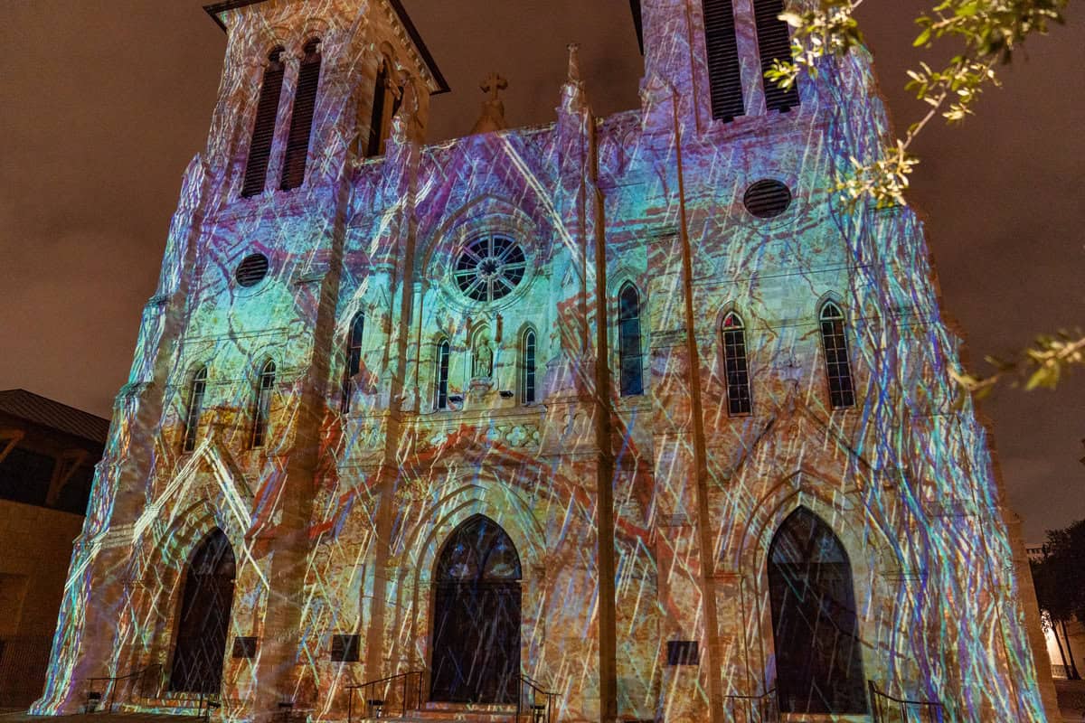 A church at night illuminated