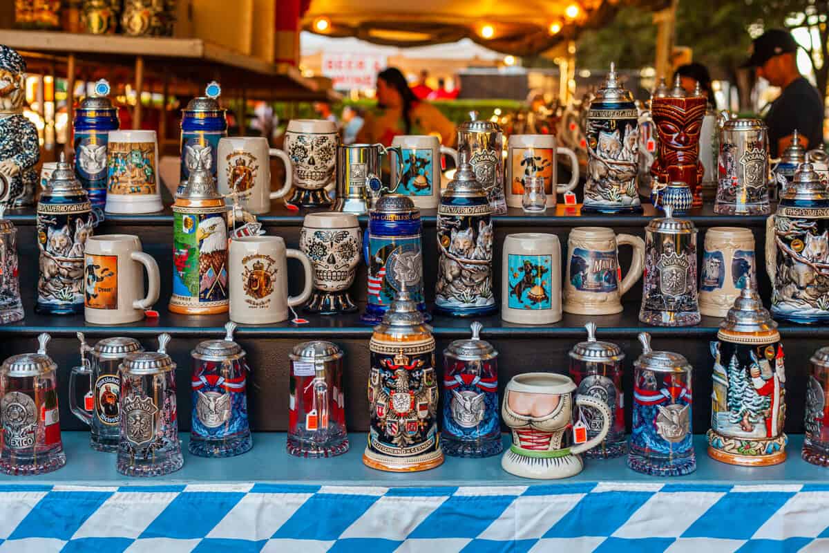 A variety of decorative beer steins