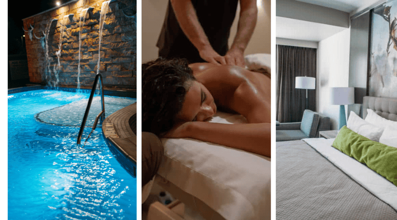 A collage featuring a hotel room, a serene spa, and a refreshing pool