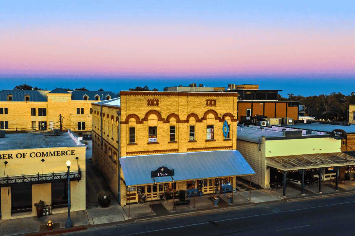 Twilight over a historic town street