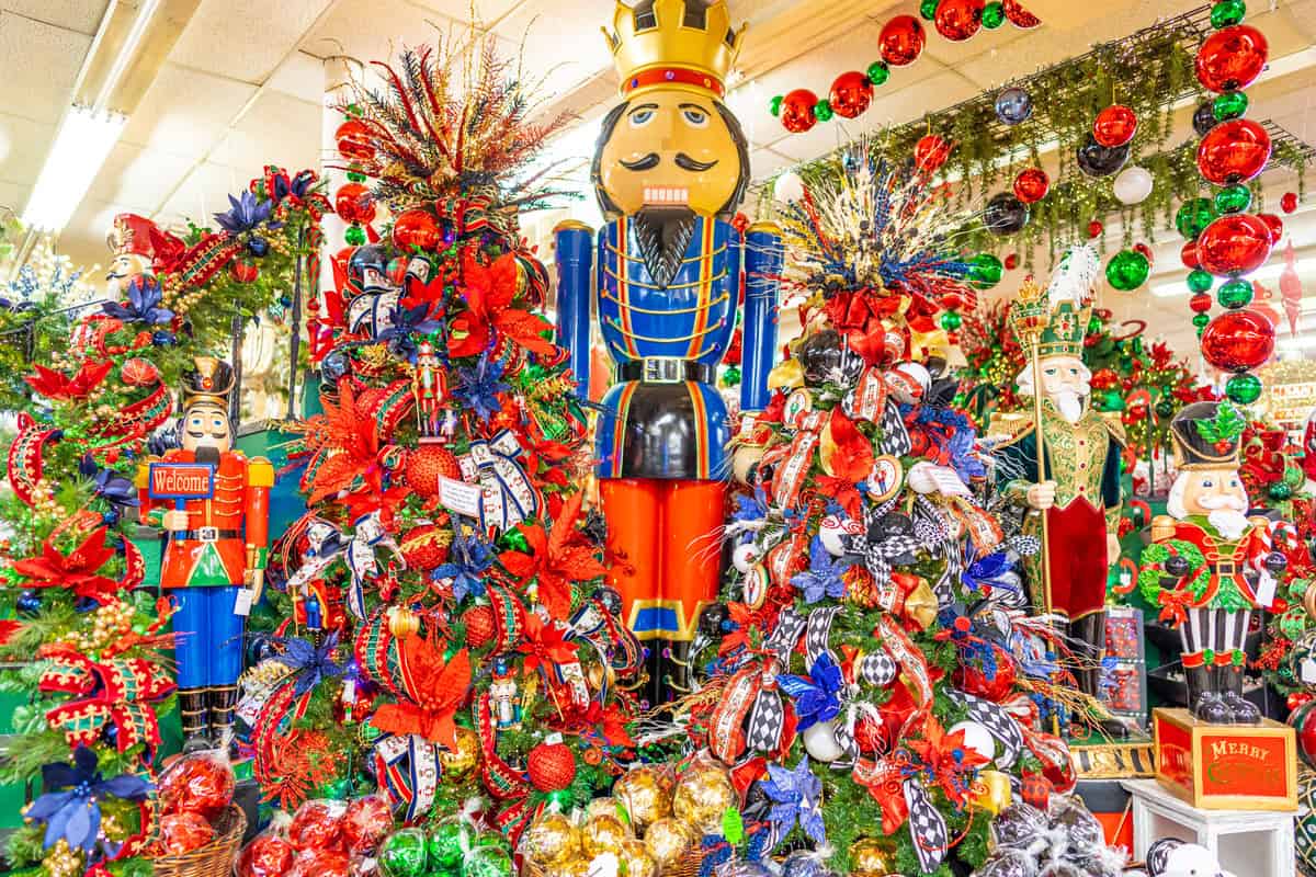 store filled with Christmas decorations and a colorful nutcracker