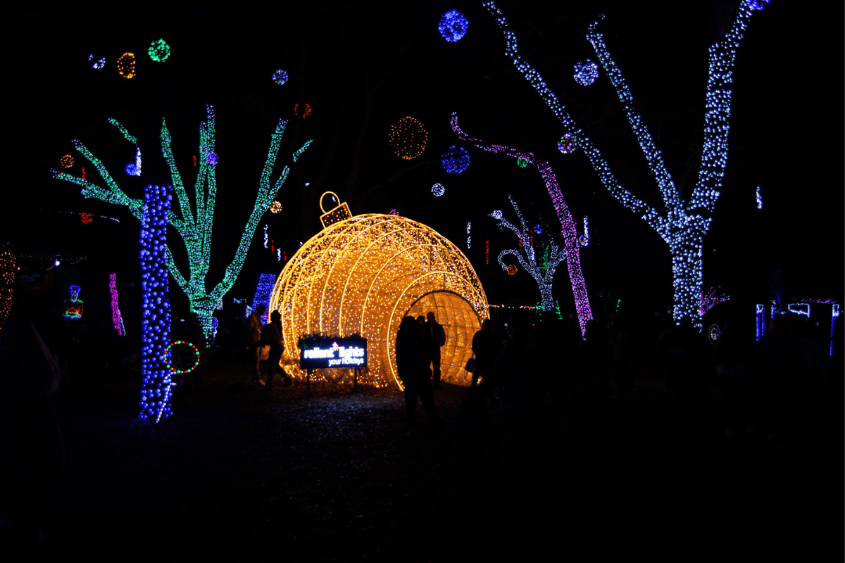 Illuminated trees and a large lighted arch resembling a bauble