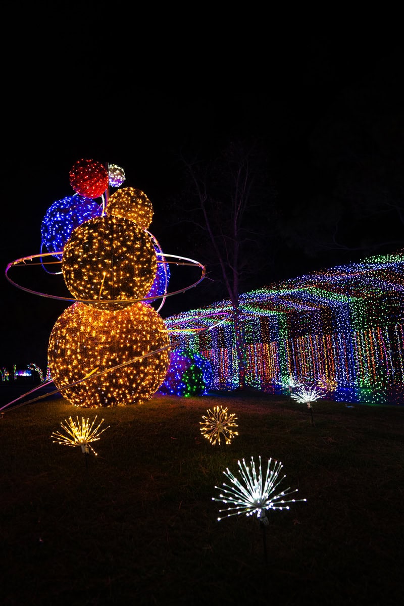 Illuminated snowman figure made of lights