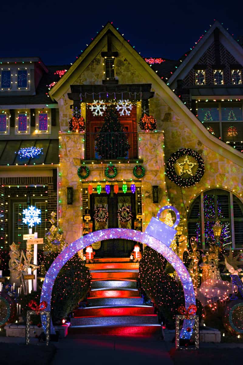 home beautifully decorated with twinkling Christmas lights