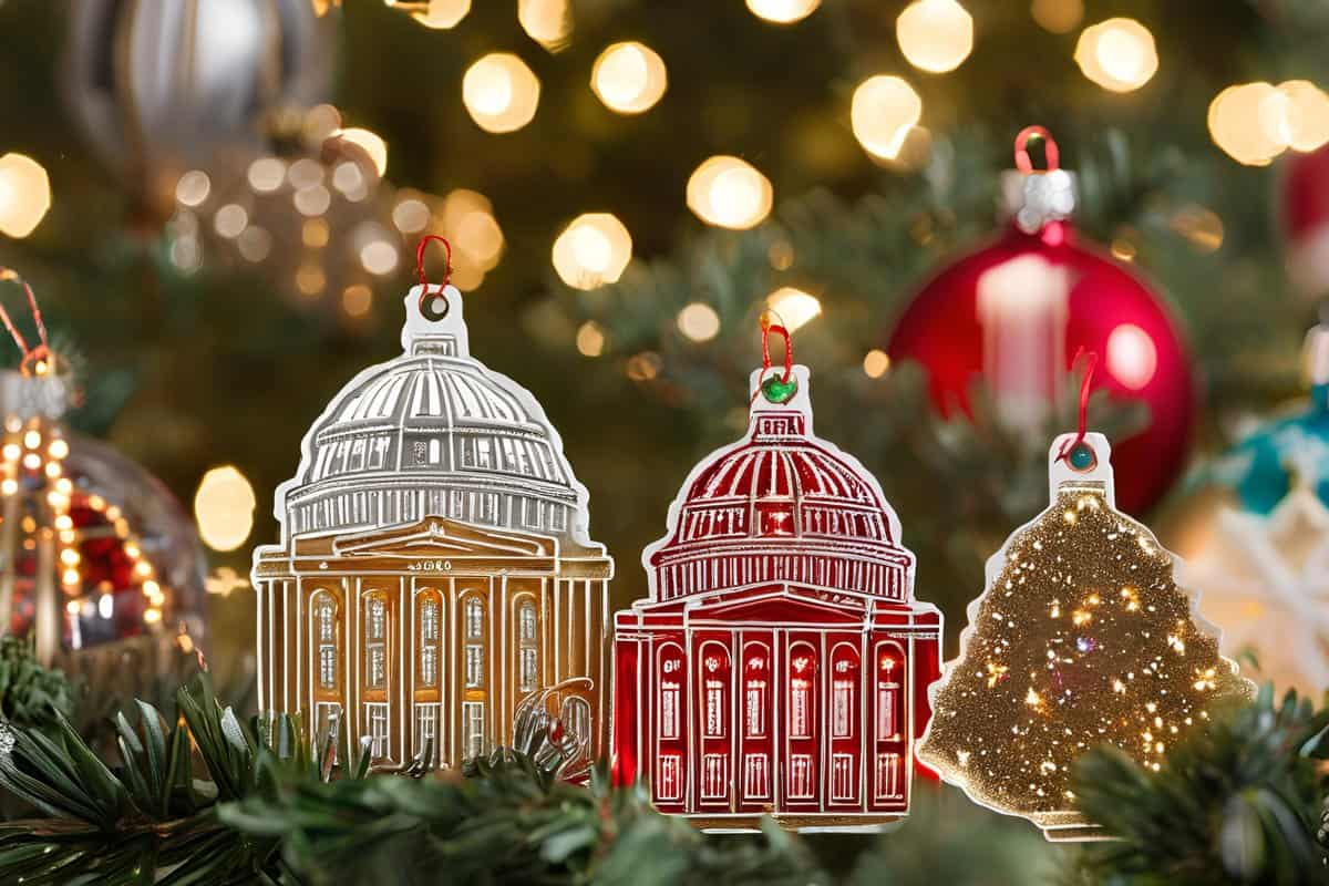 Three ornaments featuring the state capitol building, showcasing intricate designs and vibrant colors.