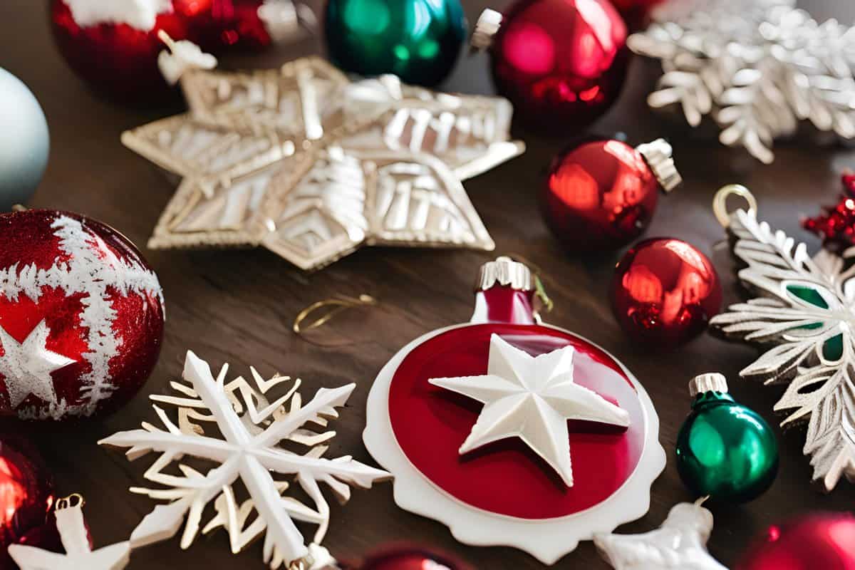 Colorful Christmas ornaments scattered on a rustic wooden table