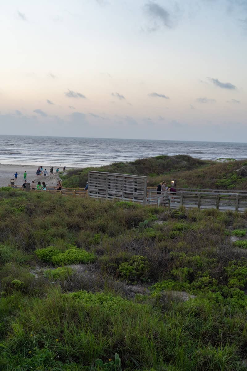 A sunset view of a beach with people walking on the sand