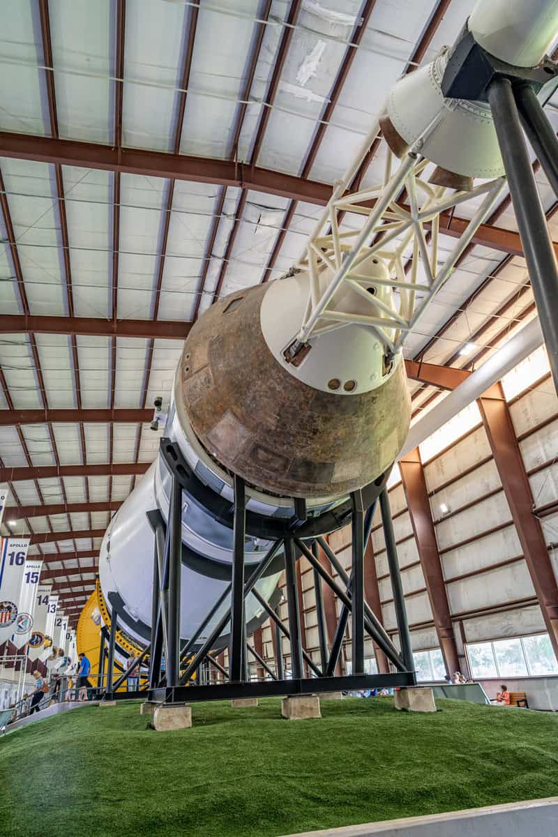 A large space rocket displayed indoors