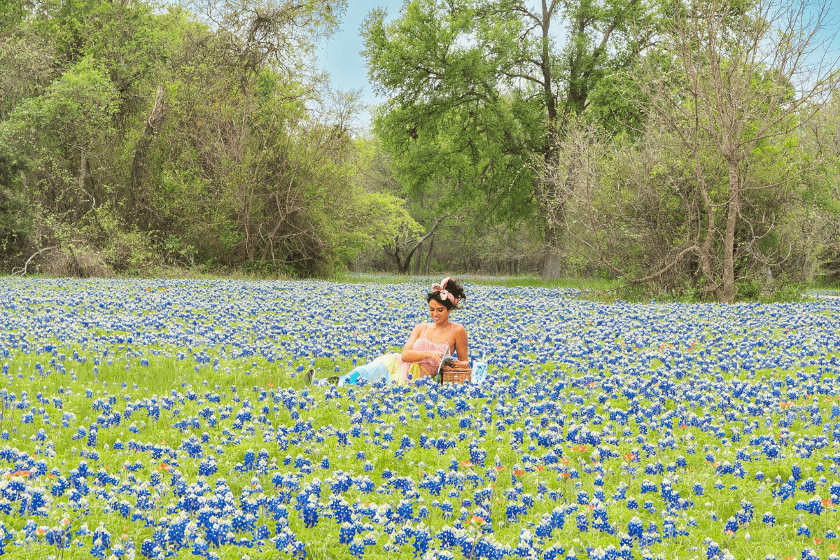 A person sits in a vibrant field of bluebonnets