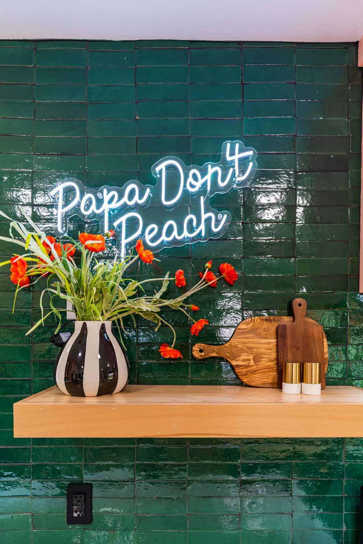 Papa Don't Preach Neon Sign and Hanging Shelf with Flower Vase, Chopping Board and Condiments Container