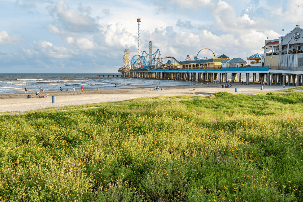 A sunny beach scene with people strolling near the water