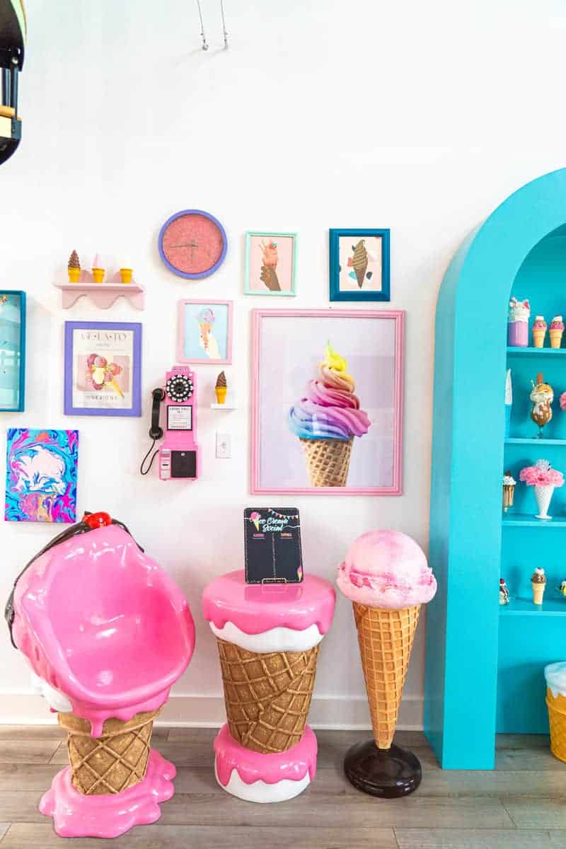 Ice cream parlour styled nook with ice cream stools and table and an impressive collection of ice cream themed items