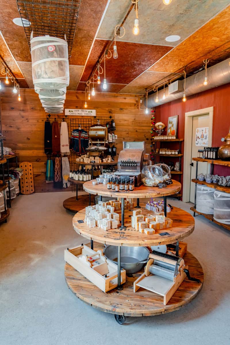 A cozy shop interior showcasing wooden shelves