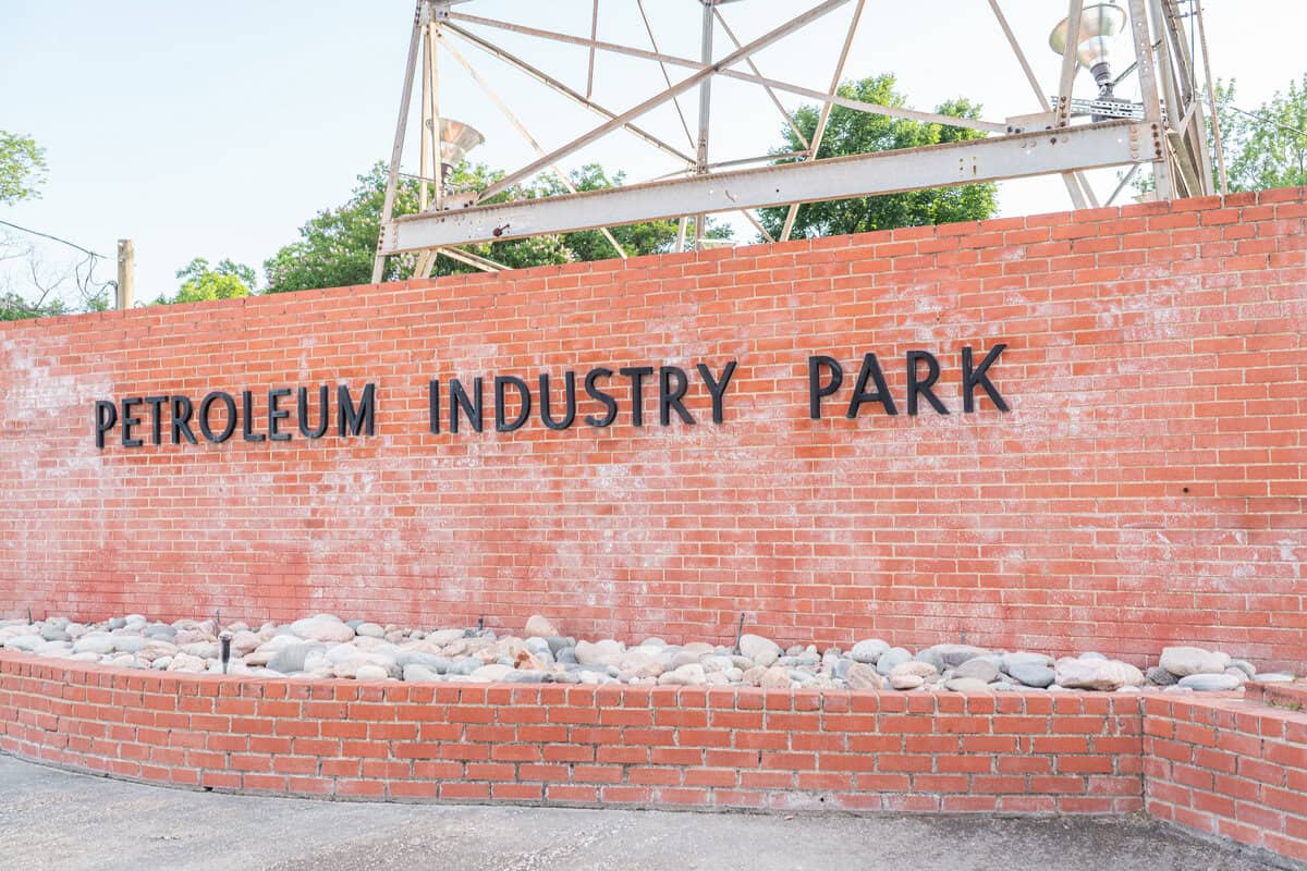 historical spot in corsicana texas - petroleum park wooden oil derricks